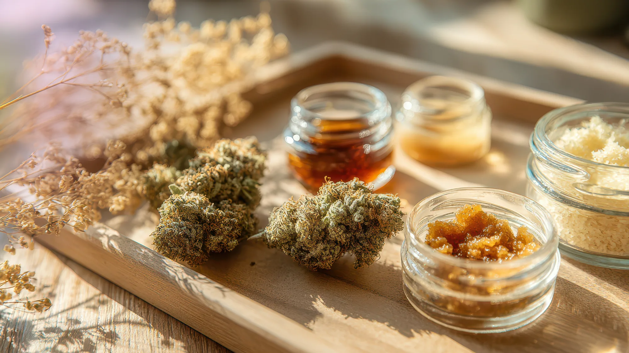 different types of cannabis concentrates including wax shatter and live resin displayed for comparison
