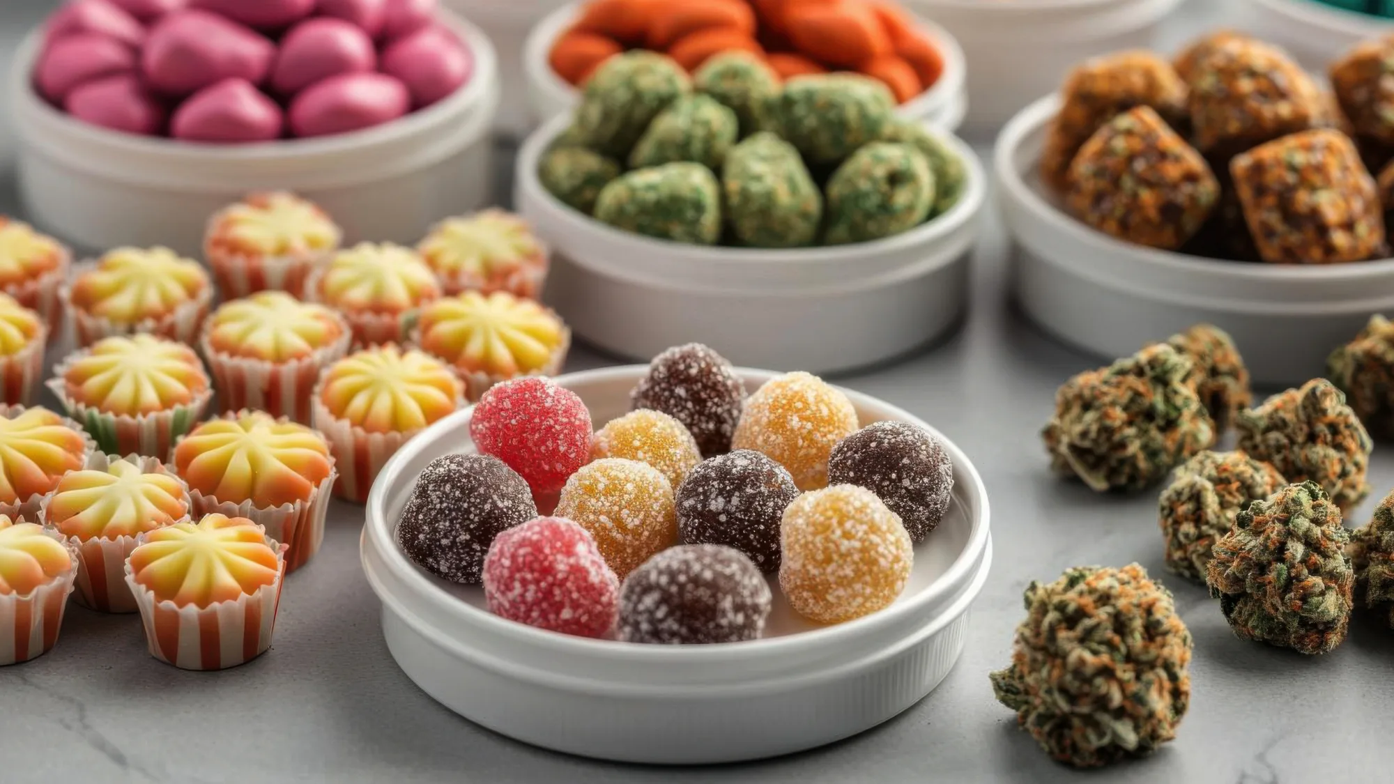 Licensed cannabis dispensary environment in California offering regulated edibles such as gummies, chocolates, and infused products with proper labeling and safety standards