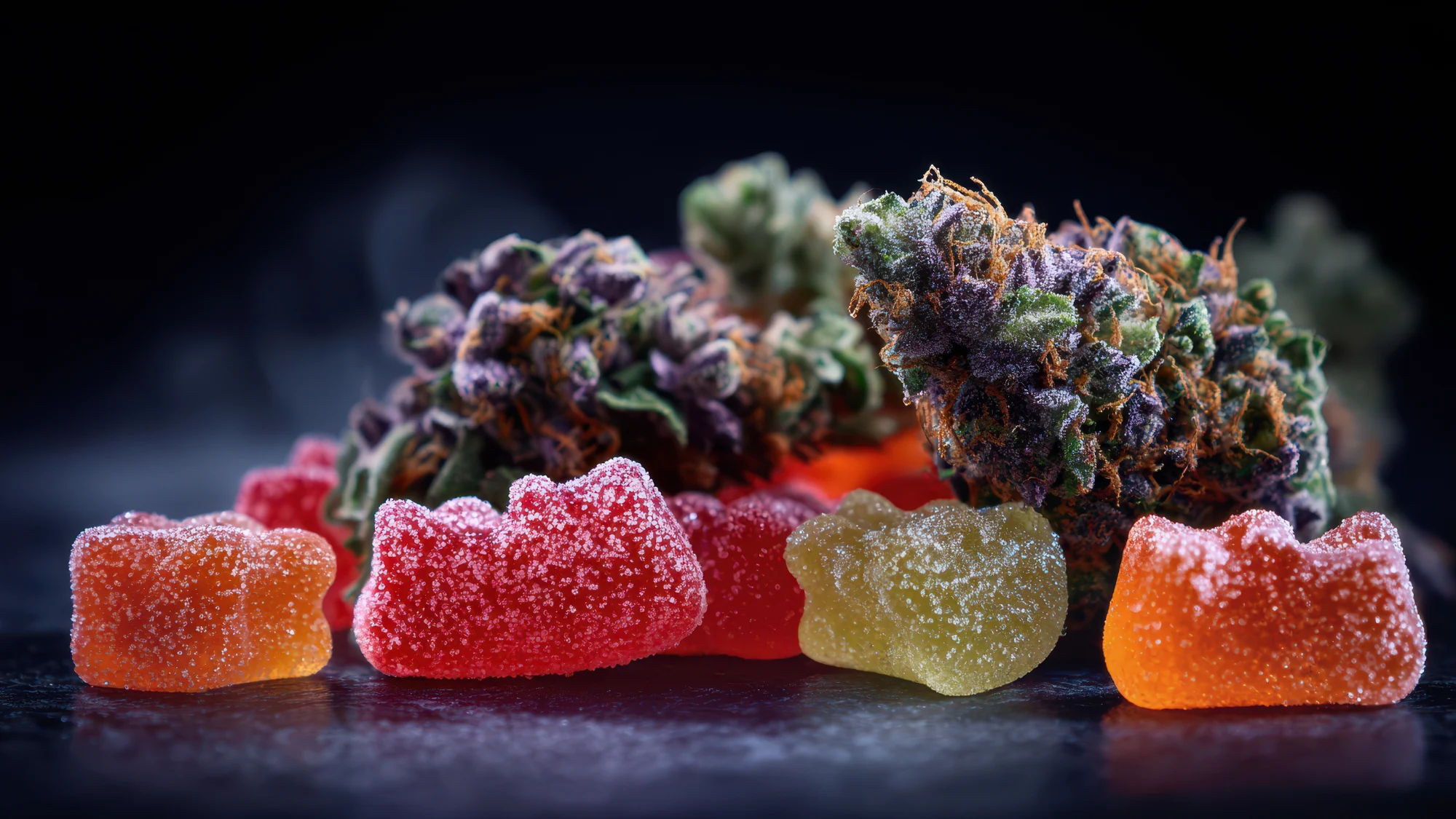 Various cannabis edible products including gummies, chocolates, baked goods, and infused beverages offered by California brands in regulated markets