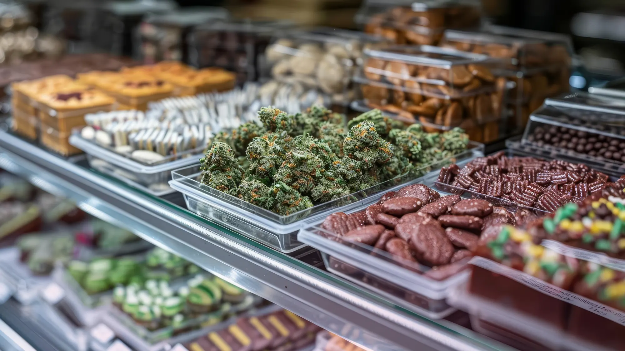 An assortment of cannabis edibles like gummies, chocolates, and baked goods displayed attractively in a store setting.