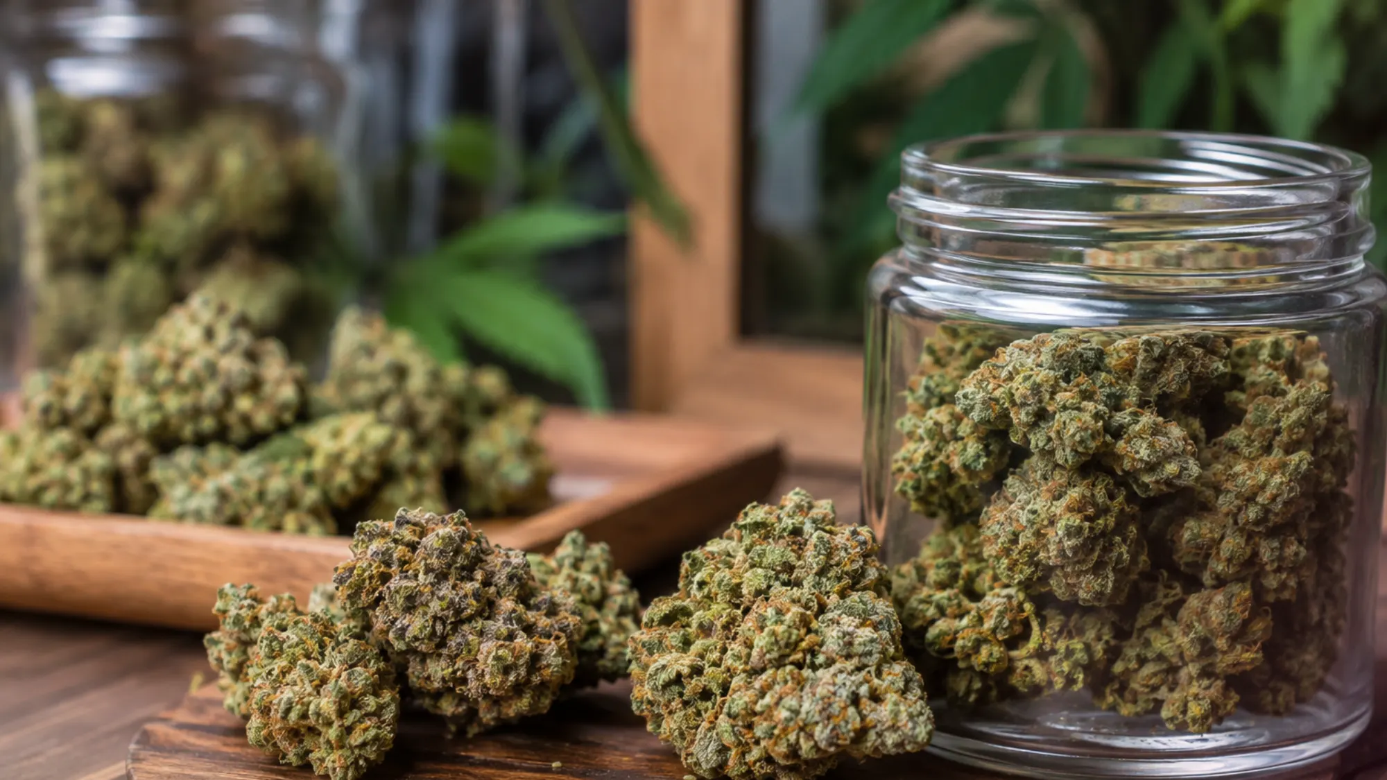 Assorted premium cannabis flowers at a dispensary in Antioch, CA.