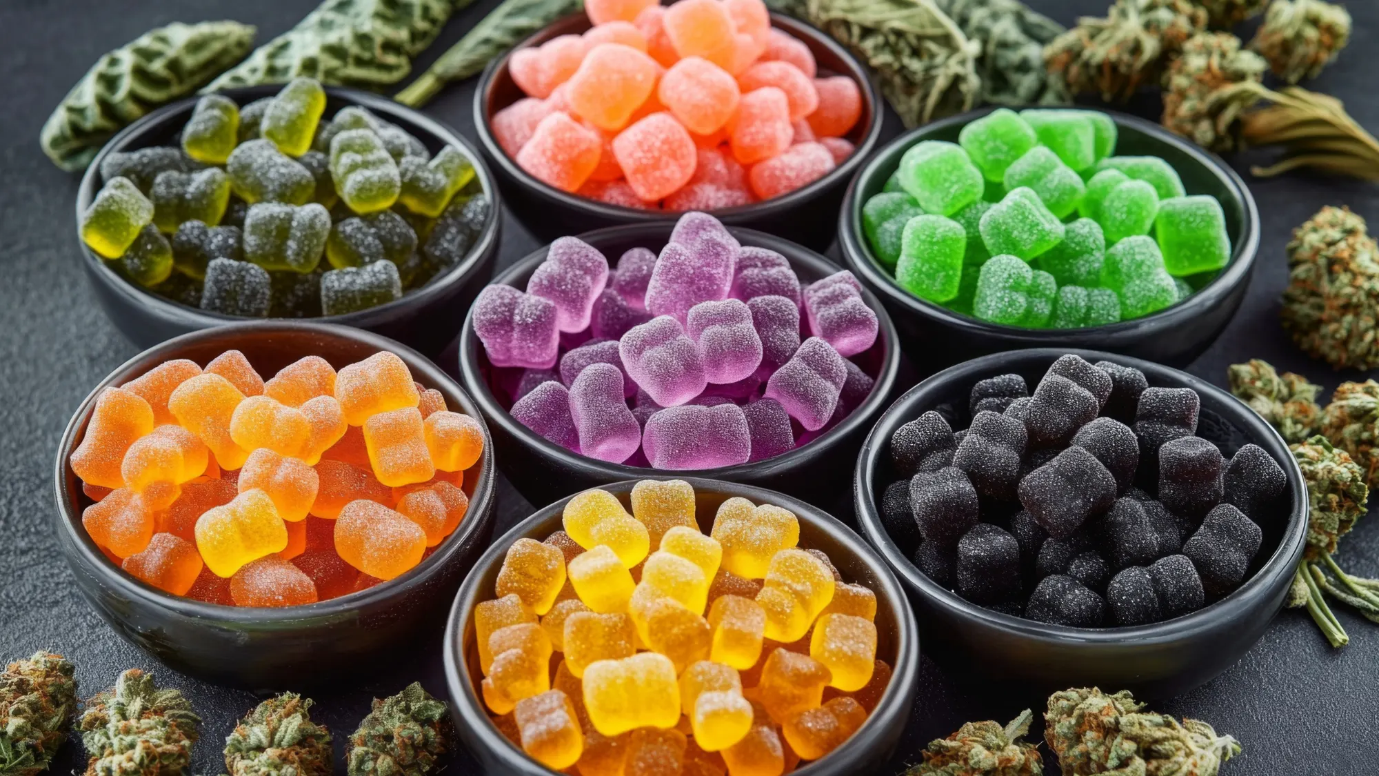 Various cannabis edibles from California brands including gummies, chocolates, baked goods, capsules, and infused beverages displayed in a regulated retail environment