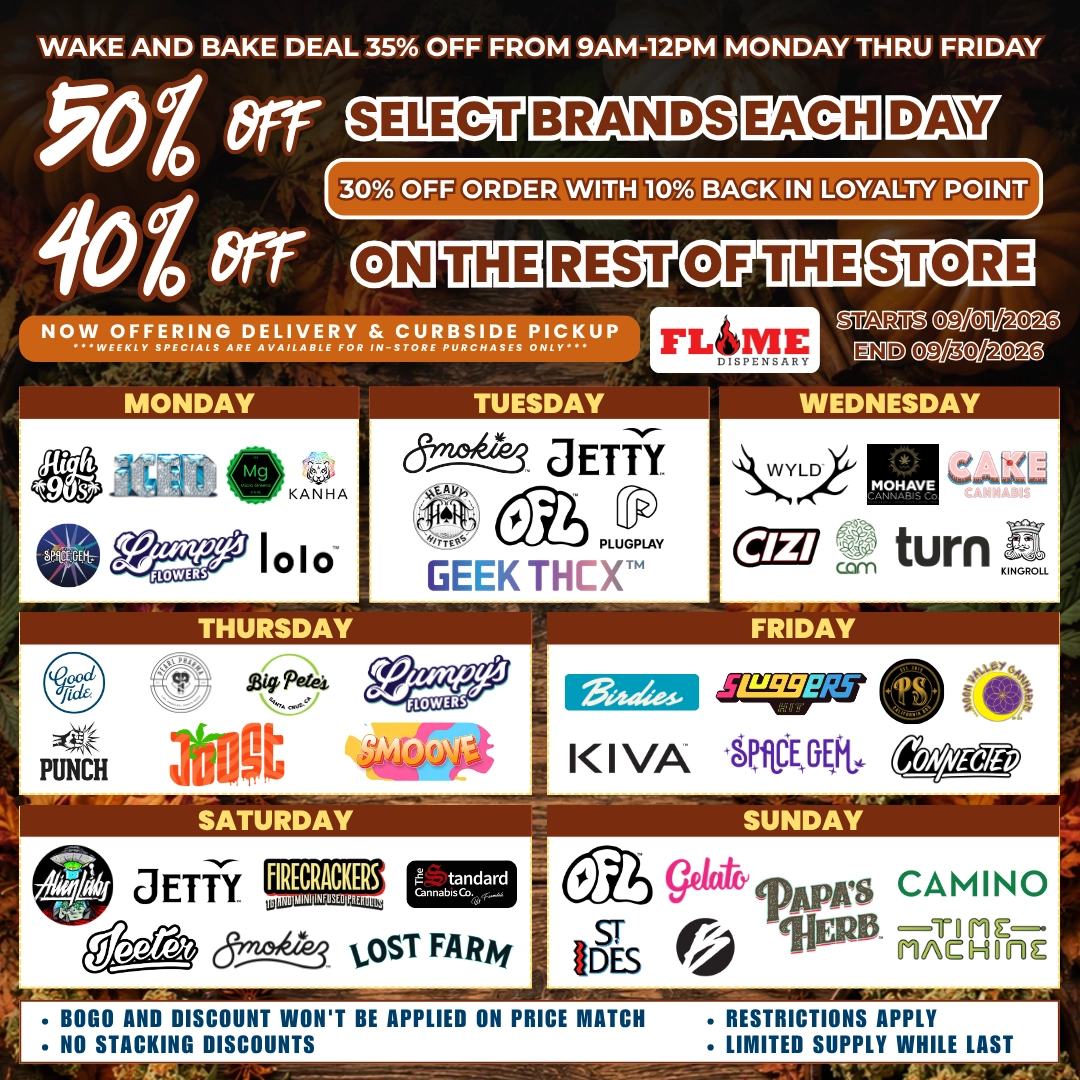 September dispensary deals featuring 35% off Wake and Bake, 50% off select brands daily, and 40% off the rest of the store